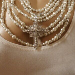 GIVENCHY SEVEN STRAND FAUX PEARL NECKLACE WITH CROSS ENHANCER